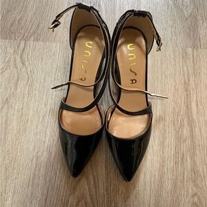 Unisa Black Patent Pointed-Toe Ankle-Strap Heels